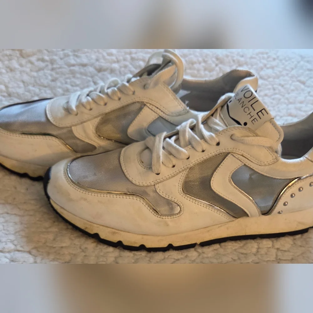 Voile Blanche Women’s White‎ Silver Leather Mesh Sneakers Size 39 Italy US 8.5/9
